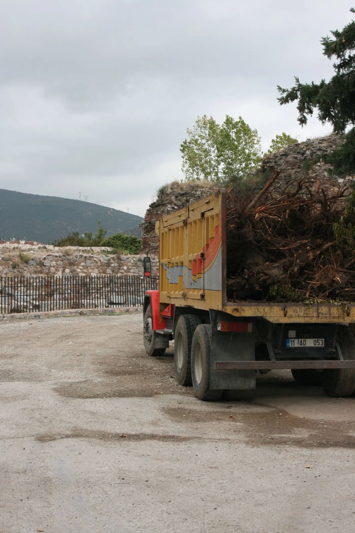 Dump truck loaded with cut branches and brush on a rural road